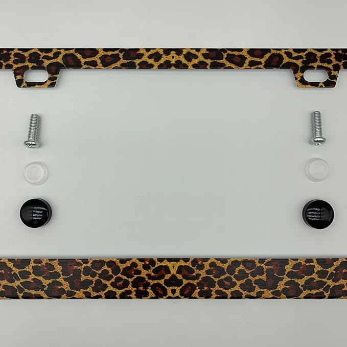 Brown and Black Leopard Cheetah Print License Plate Frame Cover, Matte White Powder Coated Stainless Steel, Animal Print Auto Car Tag Frame with 2 Holes & Free Screws