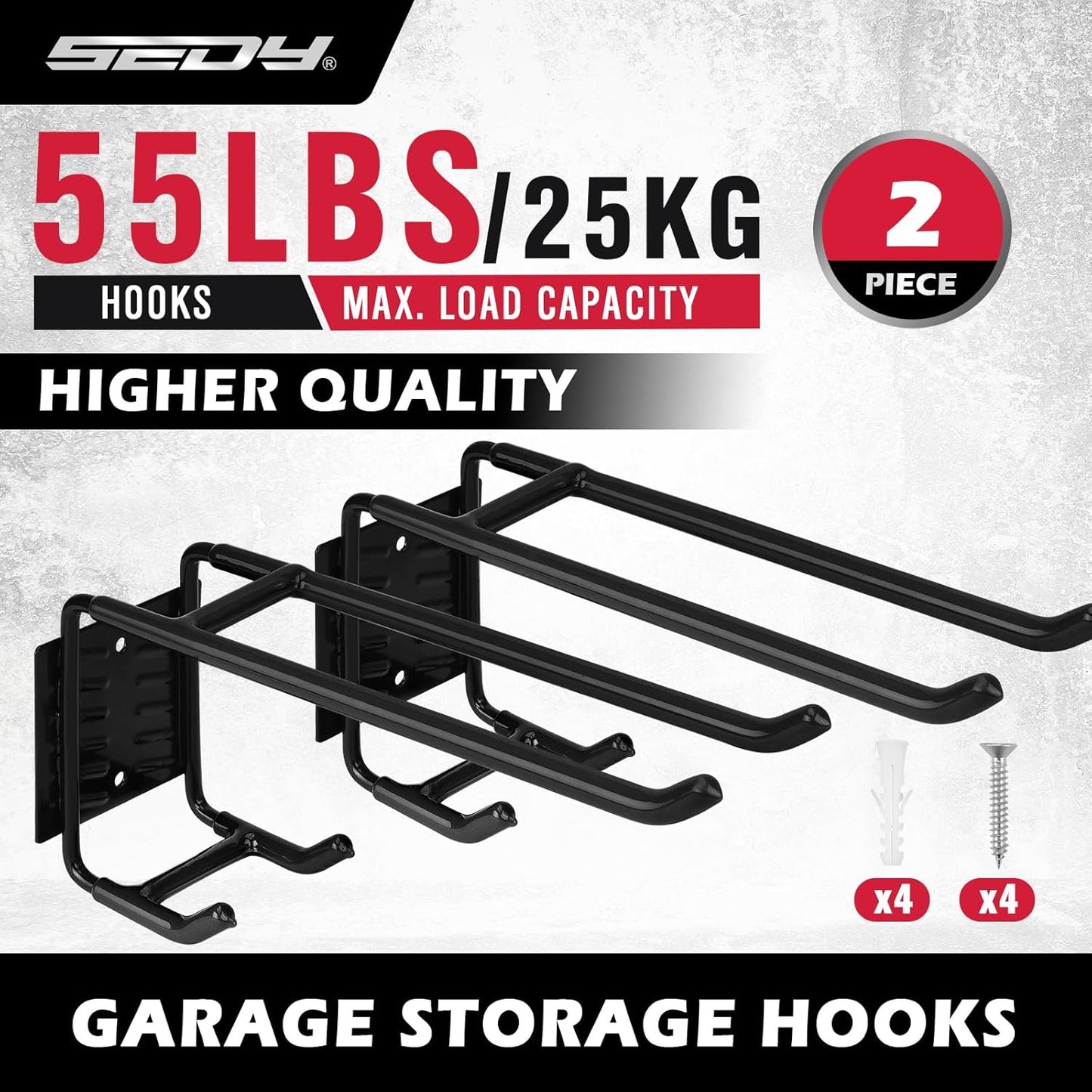 2-Piece 9.4" Heavy Duty Garage Hooks, Sturdy Utility Hooks Holds 55 LB Wall Mount Garden Tool Organizer Hangers for Hanging Shovel Ladder Chairs Strollers Power Tool Tire and More (Black)