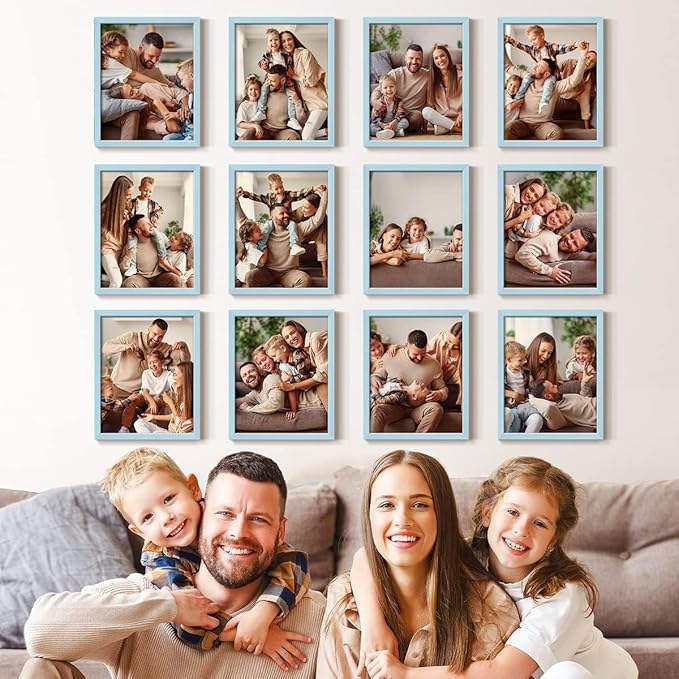 Renditions Gallery Set of 12, 8X10 Custom Photo Prints with Real Wood Picture Frames. Create Personalized Photos with Peel & Stick Photo Frames. Blue Frame