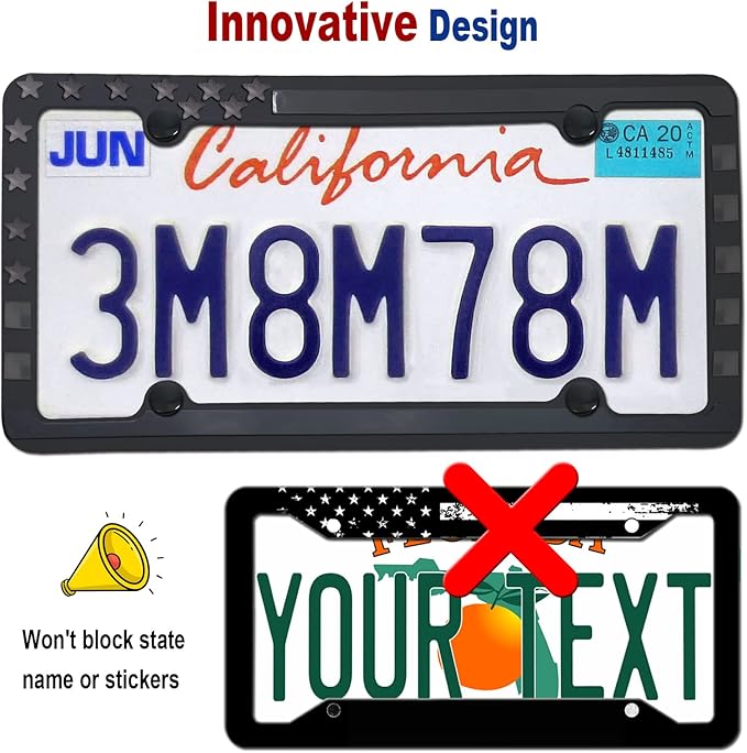 BGMVFK Silicone American Flag License Plate Frames- Patriotic Black Rubber USA Stars and Stripes Flag on Matte Black Holder Cover with Screws Caps, 2 Pack for Front and Rear Car Tags