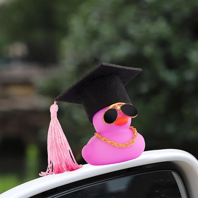 wonuu Car Dashboard Decor Graduation Hat Color Rubber Duck, Car Ducks Ornaments with Mini Graduation Hat Necklace Sunglasses (Purple)