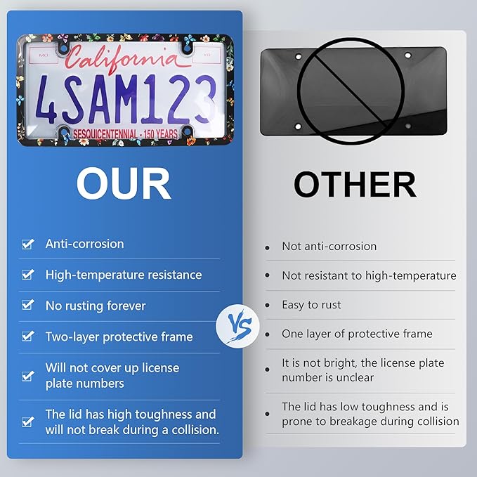 2pcs License Plate Protector Unbreakable License Plate Frames and Covers Set Front and Rear Clear License Plate Cover Butterfly Flowers License Plate Frames Fits Standard Us Plates with Screws Caps
