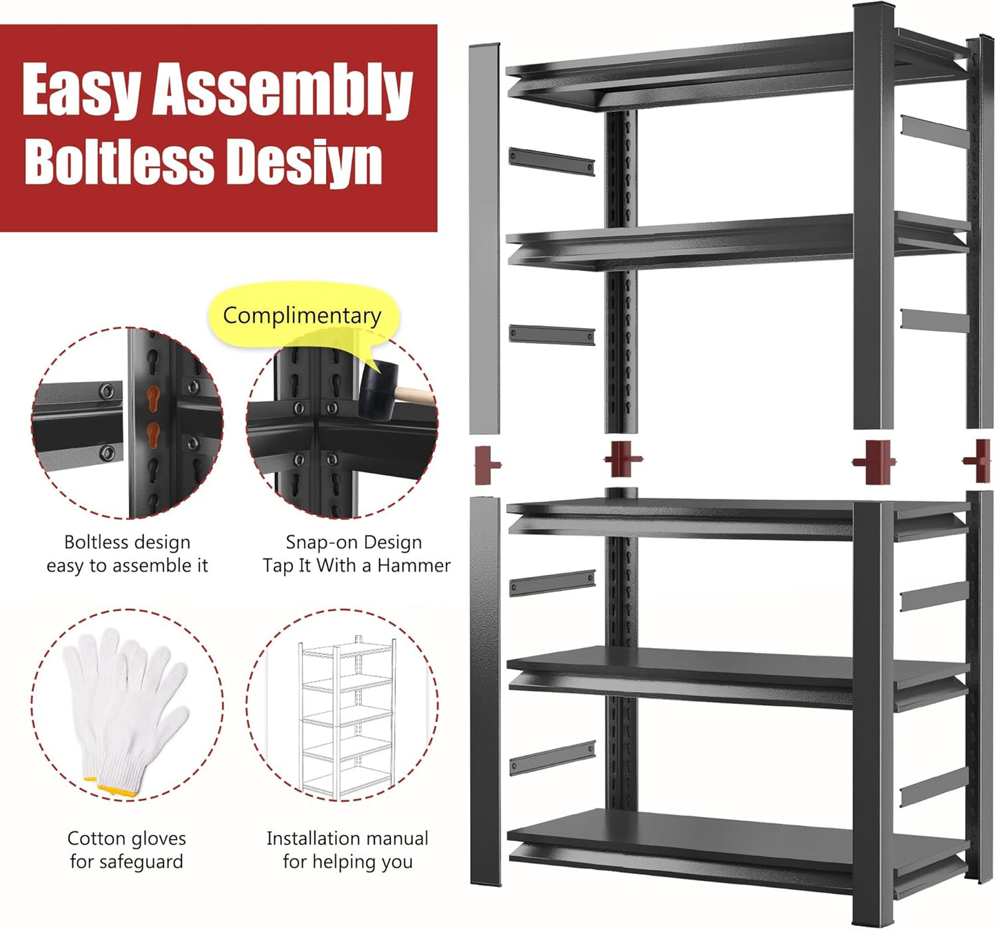72''H Garage Shelving Heavy Duty Shelving Units, 4000LBS Ultra-Large Capacity Adjustable 5 Tier Metal Storage Shelves for Kitchen, Warehouse and Basement, 47.2''Wx23.6''Dx72''H, Black