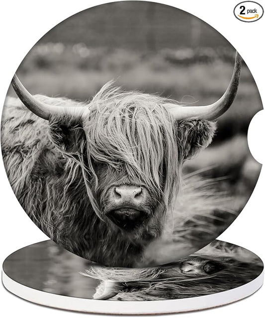 Car Cup Holder Coaster - Highland Cow Absorbent Ceramic Coaster, Car Coasters for Cup Holders, Auto Accessories for Women & Men, Pack of 2