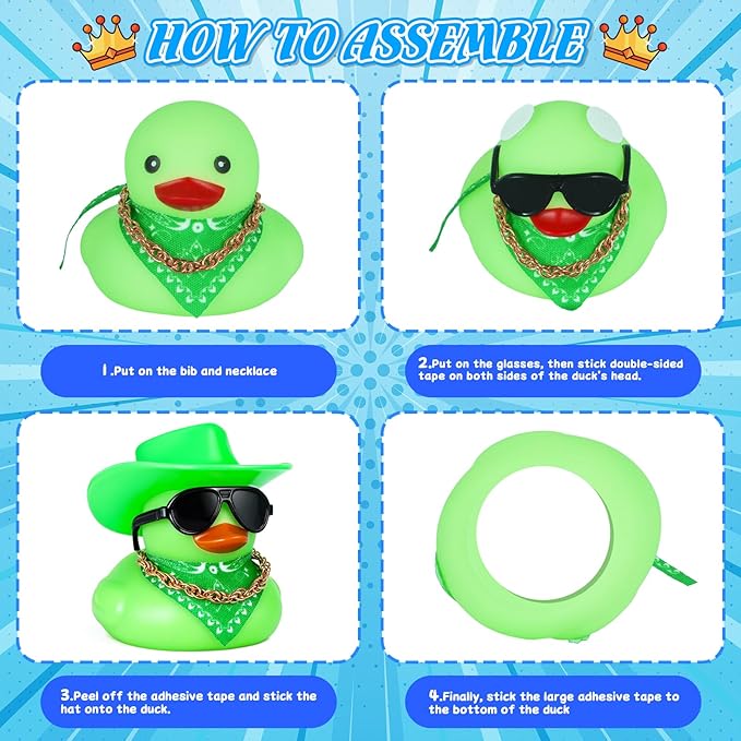 BOZILY Green Cowboy Hat Rubber Duck Car Dashboard Decoration - Squeaky Silicone Duck with Glasses, Gold Chain & Scarf for Stress Relief Fun Driving Ornament