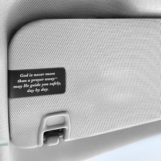 God is Never More Than A Prayer Away Black Engraved Stainless Steel Car Visor Clip, Religious Visor Clips for Cars, New Driver Gifts, Safety Prayer Thank You Gifts for Dad Mom Family Friend