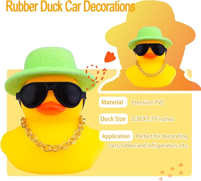 Rubber Duck Car Ornaments Duck Car Dashboard Decorations Accessories with Mini Top Hat Necklace and Sunglasses(T9)