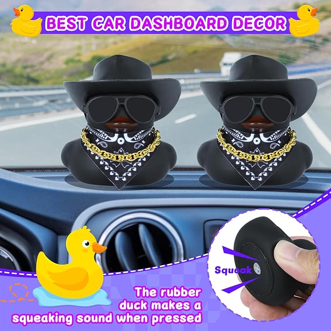 Black Cowboy Hat Rubber Duck for Car Dashboard & Home Decor - Mini Funny Rubber Ducks with Gold Chain, Sunglasses, Scarf & Hat Unique Duck Accessories Gift for Adults