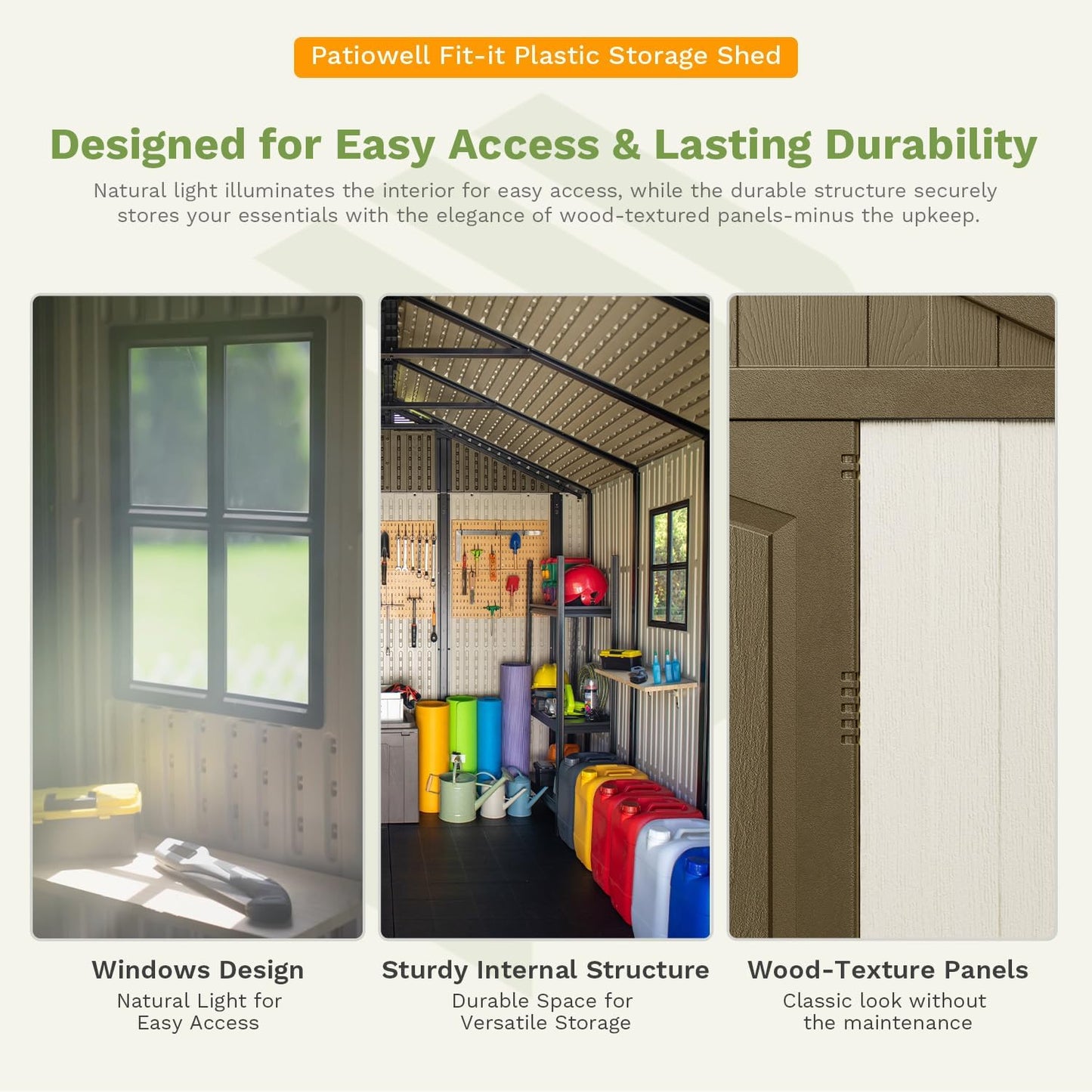 Patiowell 8 x 12 FT Plastic Outdoor Storage Shed with Floor, Resin Shed with Window and Lockable Door for Garden, Backyard, Tool Storage Use, Easy to Install in Brown (Kick-it Shed)