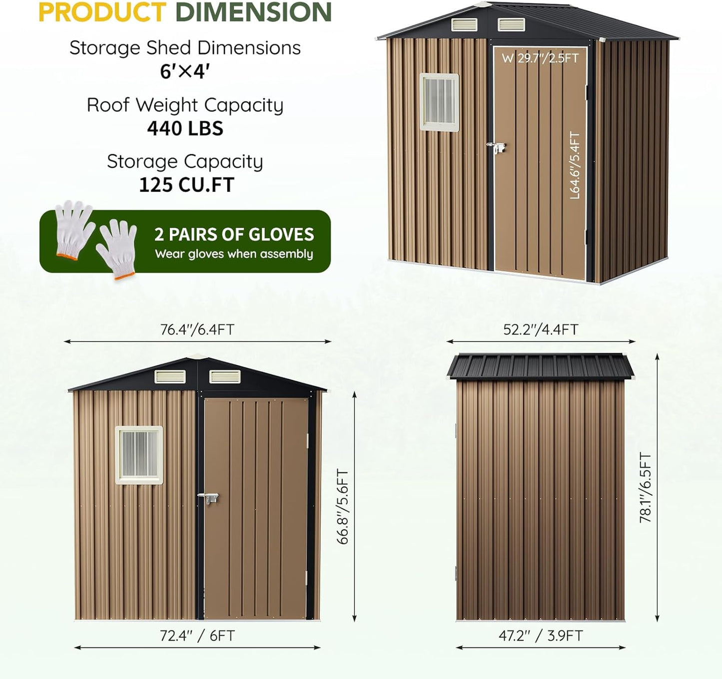Breezz 6x4FT Outdoor Steel Storage Shed, Lockable Doors, Compact Metal Tool Shed for Garden, Backyard, Patio, Utility, and Bike Storage,Brown