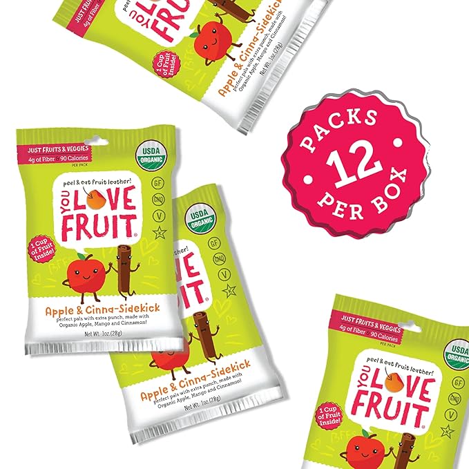 YOU LOVE FRUIT - APPLE & CINNA-SIDEKICK All Natural Fruit Snacks, Healthy Snack Pack, Real Fruit! Gluten Free, Non GMO, Vegan, Low Carb, Low Fat, Kosher, Variety Pack, Great For Adding To Gift Box, 1.0 oz (Pack of 12)