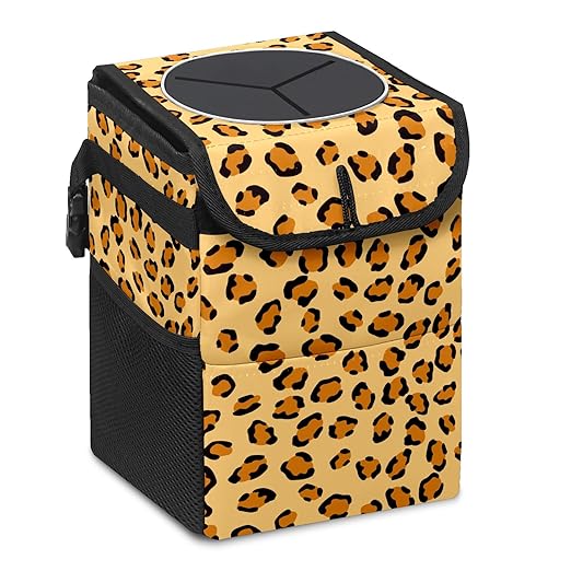 Car Trash Can Leopard Skin Wate-rproof Auto Garbage Bag Car Trash Can with Lid Leak-Proof Car Storage Bag Hanging for Headrest Collapsible and Portable with Storage Mesh Pocket