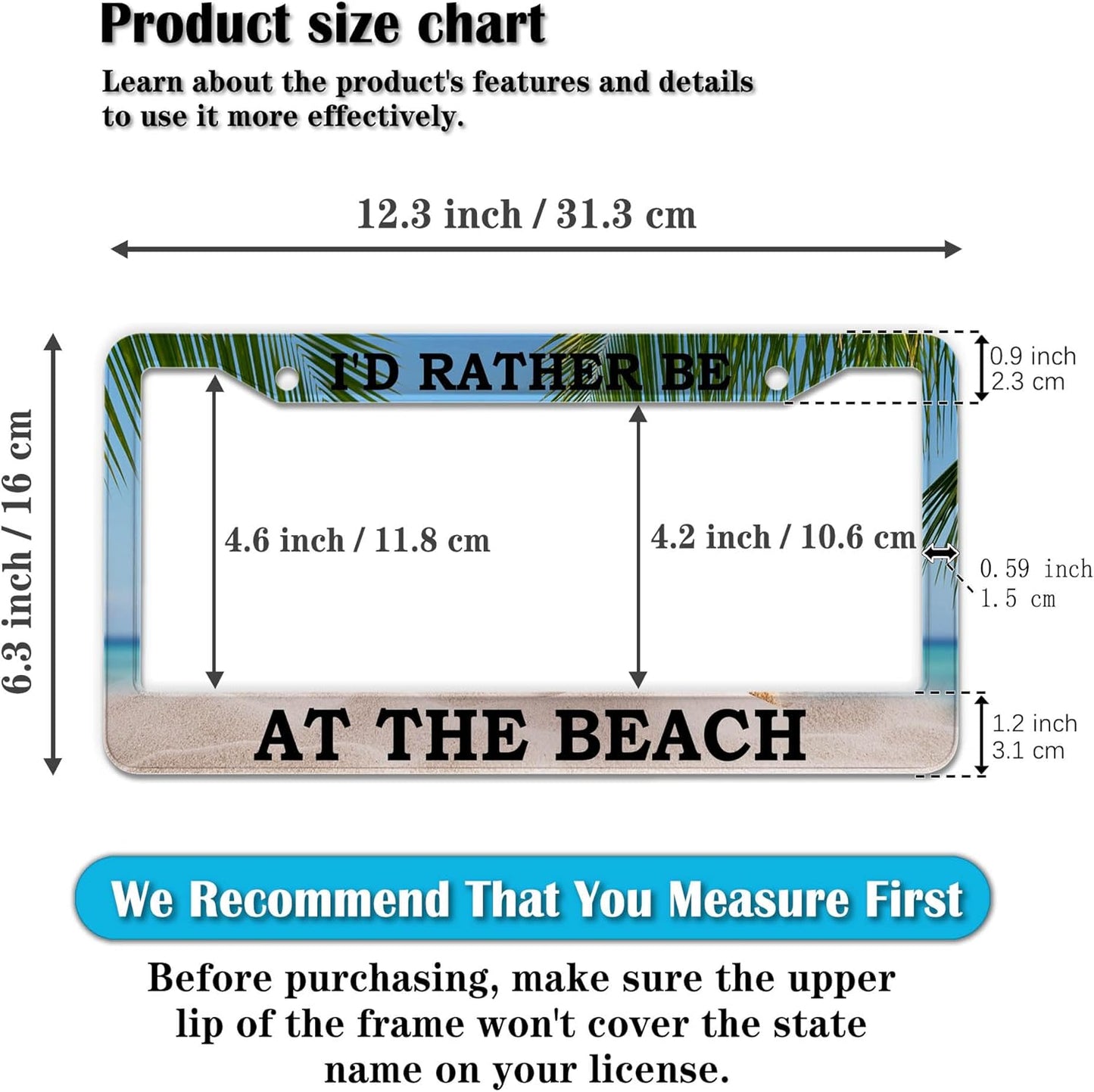 License Plate Frames Multicolor Car License Plate Frame I'd Rather Be at The Beach Universal Aluminum Car Accessory 2 Pack with Screw Covers Set