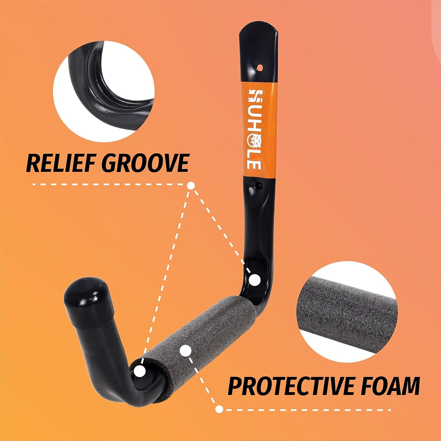 HUHOLE Heavy Duty Garage Ladder Hooks, 4PC, Black Wall Mount Ladder Hangers with 13.6" Jumbo Arm