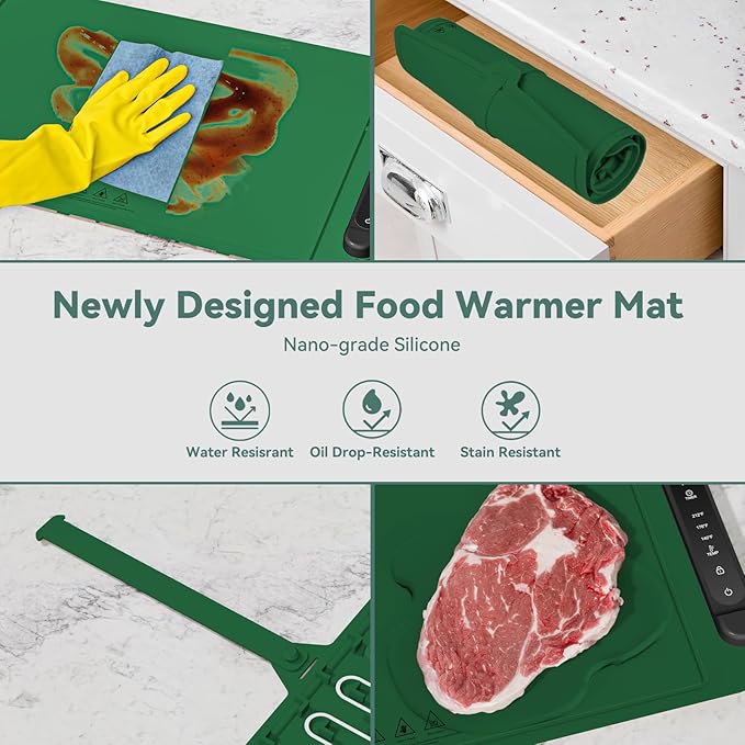 Food Warming Mat Electric Tray: Adjustable Silicone Heating Pad with 3 Temperature Settings 4 Timer Function Portable Roll Up Hot Plate for Buffets Party Gatherings Kitchen Warmer Countertop Green