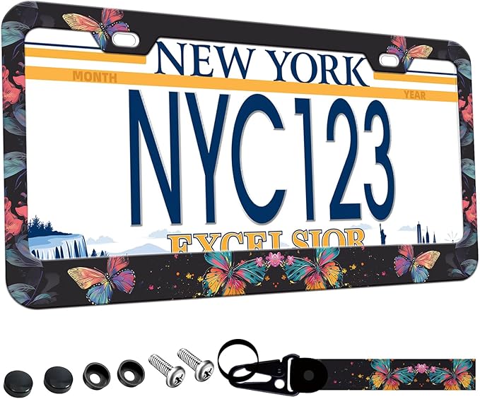 1-Pack Colorful Butterfly License Plate Frames for Women Man, 2 Holes Butterflies Floral License Plate Holder,Pink Flower License Plate Cover fits US Vehicles with Keychain Wrist Lanyard