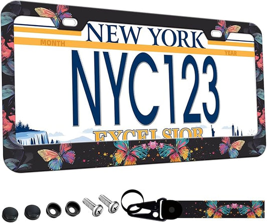 1-Pack Colorful Butterfly License Plate Frames for Women Man, 2 Holes Butterflies Floral License Plate Holder,Pink Flower License Plate Cover fits US Vehicles with Keychain Wrist Lanyard