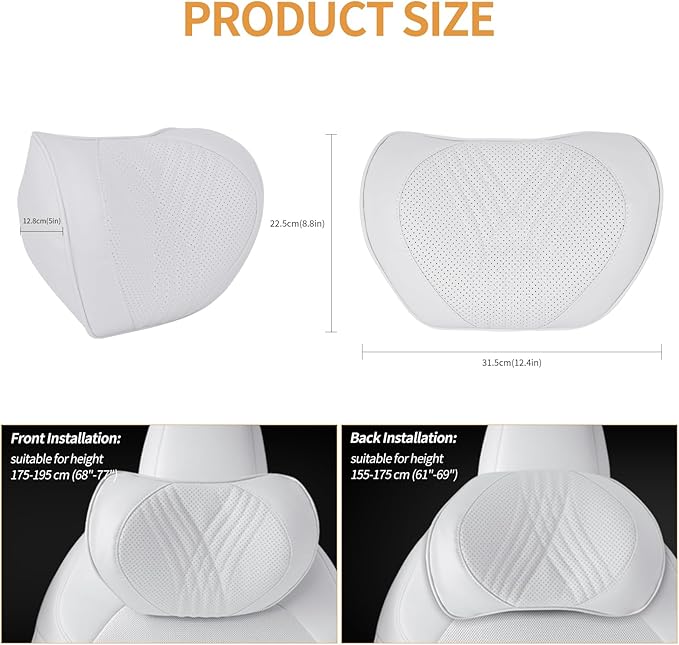 Car Neck Pillow Memory Foam Premium Leather Headrest Neck Support Cushion Universal for Driving Home Office, White,1PC