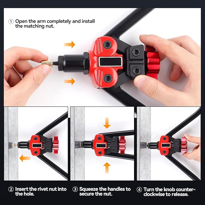 3-in-1 Rivet Nut Tool, Hand Rivet Gun, Reamer Set, Rivnut Tool Kit with 6 Metric & 4 SAE Mandrels, 5 Rivet Heads, 111 Rivet Nuts, 83 Rivets, Carrying Case, Riveter for Car, Home, DIY Projects