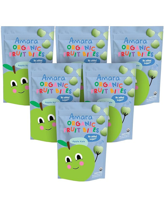 Amara Organic Fruit Bites Apple Kale - No Artificial Colors/Dyes, Added Sugar, Dairy-Free Fruit Snacks, Made with Organic Whole Foods, Healthy Fruit Snacks for Kids - 6 Pack