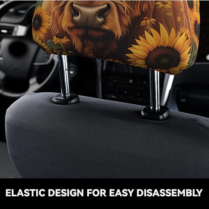 Dujiea 2 Pack Highland Cow Sunflowers Car Headrest Covers, Universal Soft Car Seat Head Rest Cover Protector, Vehicle Accessories Fabric Headrest Cover for Cars Vans Trucks