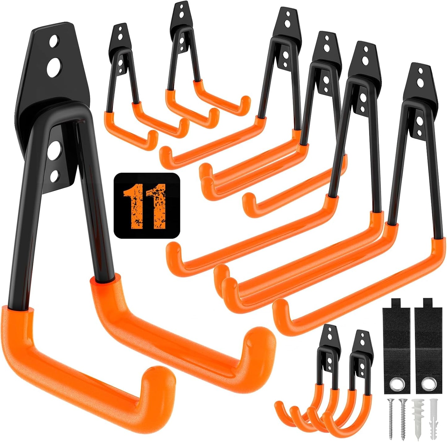 QcoQce 11 Pack Garage Hooks Heavy Duty with 2 Extension Cord Straps,Garage Storage Hooks, Wall Mount Hooks, Garage Organization and Tool Hangers for Bike, Ladder, Ropes and Garden Tools(Orange)