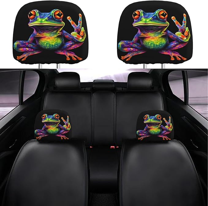Dujiea 2 Pack Colorful Peace Frog Car Headrest Covers, Universal Soft Car Seat Head Rest Cover Protector, Vehicle Accessories Fabric Headrest Cover for Cars Vans Trucks