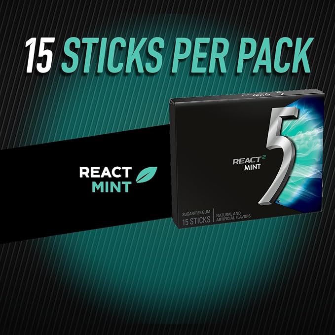 5 GUM React Mint Sugar Free Chewing Gum Bulk, 15 Stick (10 Pack)