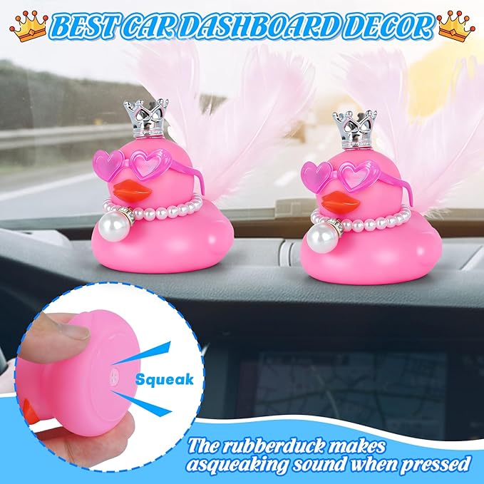 BOZILY Pink Rubber Duck with Crown, Wings, Pearl Necklace & Heart Sunglasses,DIY Cute Car Dashboard Decor Accessories, Gift for Car, Home, Desk (Includes Tapes)