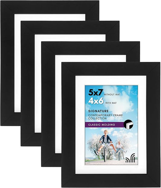 Americanflat 5x7 Picture Frame with Shatter-Resistant Glass - Set of 4 - Use as 4x6 Frame with Mat or Display 5x7 Photo Without Mat - Signature Collection - Picture Frames for Tabletop or Wall - Black