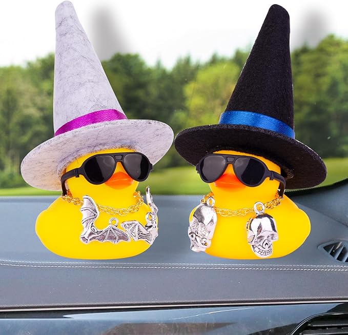 Car Rubber Duck Ornaments Halloween Duck Car Dashboard Decorations with Mini Witch Hat Sunglasses Necklace Halloween Accessories for Halloween Themed Gifts(W7-Light Gray&Purple Ribbon)