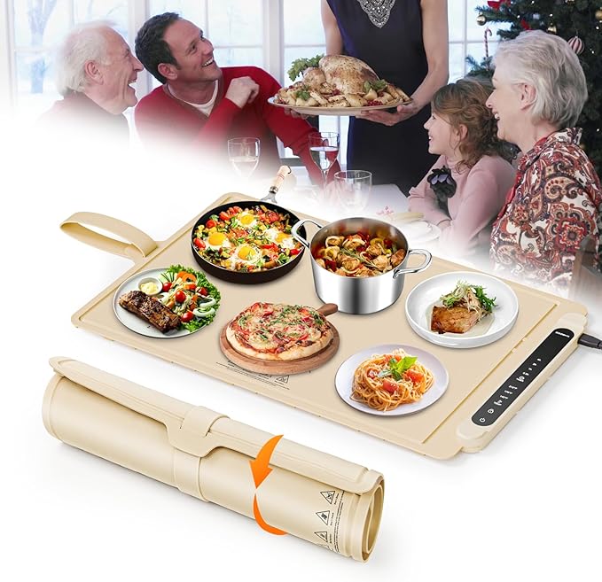 Food Warming Mat Electric Tray: Adjustable Silicone Heating Pad with 3 Temperature Settings 4 Timer Function Portable Roll Up Hot Plate for Buffets Party Gatherings Kitchen Warmer Countertop Holiday