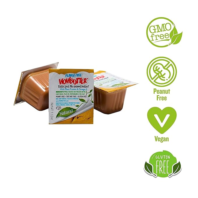 WOWBUTTER - Creamy Peanut & Tree Nut Free Spread - 175 Cups - 0.56oz each - Made With Whole Toasted Soy - All Natural Ingredients - Safe for School - Vegan Plant Protein Food - Gluten Free & Non-GMO