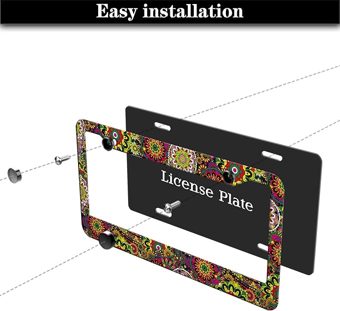 License Plate Frames Multicolor License Plate Frame Hippie Boho Floral Bright Color Folk Daisy Flower Universal Aluminum Car Accessory 2 Pack with Screw Covers Set