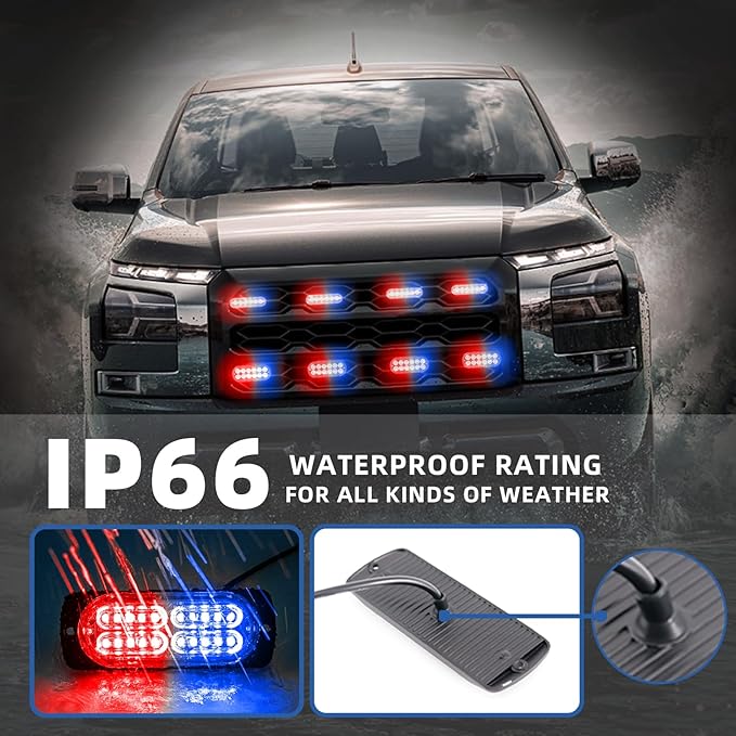 8pcs Sync Feature Emergency Strobe Grille Lights LED Ultra Slim Surface Mount Flashing Hazard Warning Light Bar with Controller for Firefighter/Construction/Trucks/Vehicles/Car (Ren/Blue)