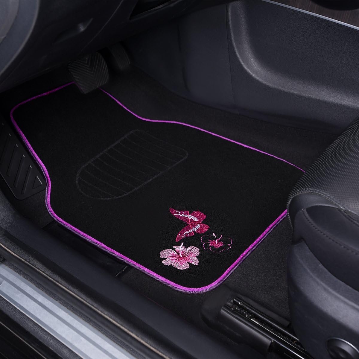 CAR PASS Embroidery Butterfly and Flower Car Floor Mats, Pink Car Floor Mats Universal Fit 95% Automotive,SUVS,Sedan,Vans,for Cute Women,Girly,Set of 4 (Black with Pink)