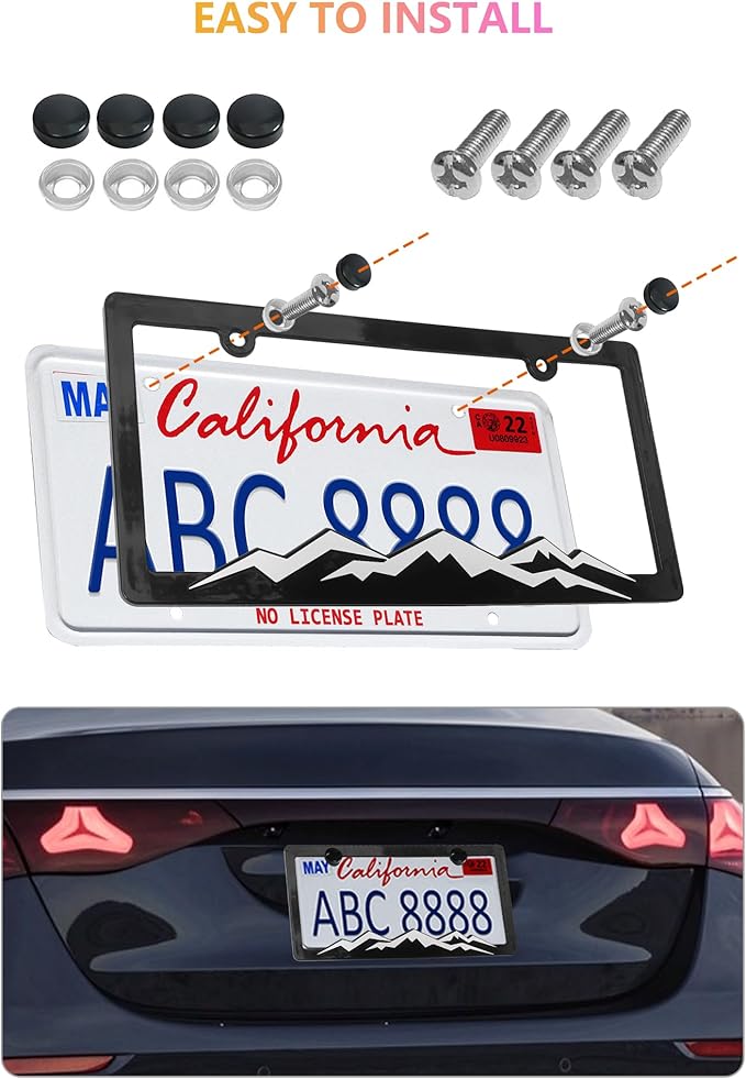 Mountain License Plate Frames - 2 Pack Plastic Car Tag Frame with 3D Mountain Design, White on Black, Included Mountain Vinyl Sticker, Screws & Caps