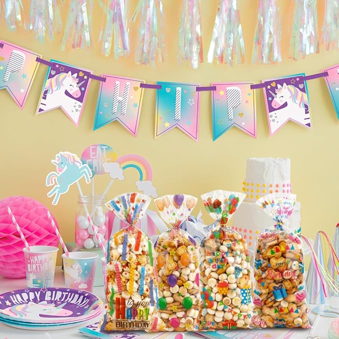 100 PCS Happy Birthday Cellophane Treat Bags(5.1x10.6 Inch) with Ties Colorful Plastic Goodie Candy Cookie Goody Loot Gifts Bags Bulk Pouches for Birthday Party Favors Supplies Decorations for Kids