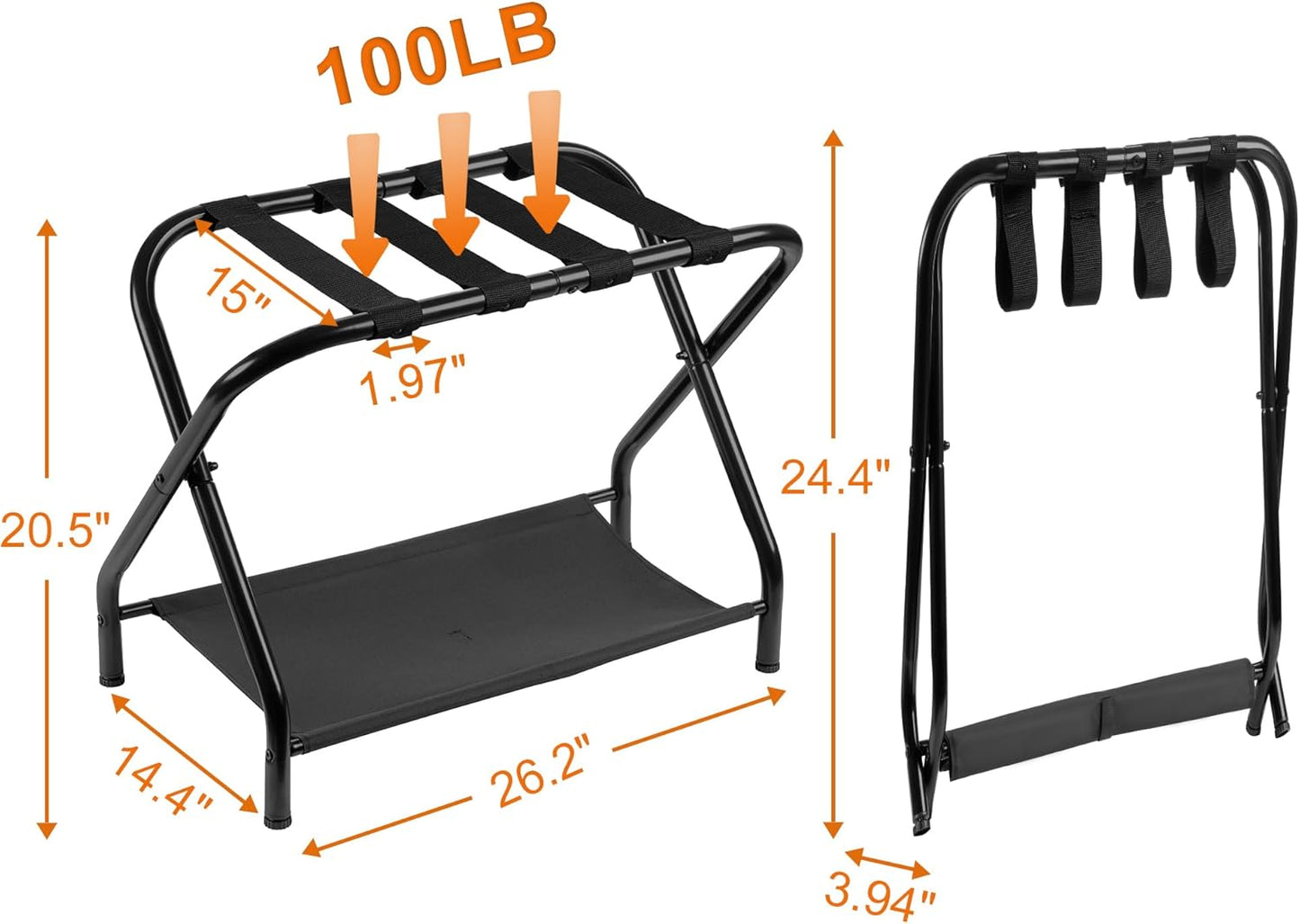 Heybly Luggage Rack, Pack of 2, Steel Folding Suitcase Stand with Storage Shelf for Bedroom, Hotel, Foldable Steel Frame, Guest Room Bedroom Hotel, 26.2" L x 14.4" W x 20.5" H, Black HLR004B2