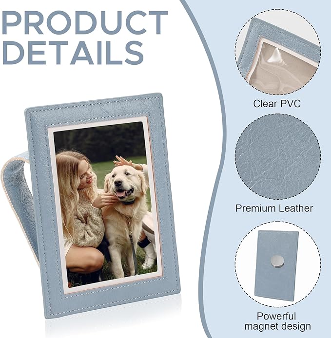 KINIVA 2 Pack Car Picture Holder - Magnetic Faux Leather Picture Frame for Safe Driving - Gift for Dad Mom Husband Wife Car Visor Accessories, Car Accessory (Fits 2.5"x3.5" Photos) (Blue)