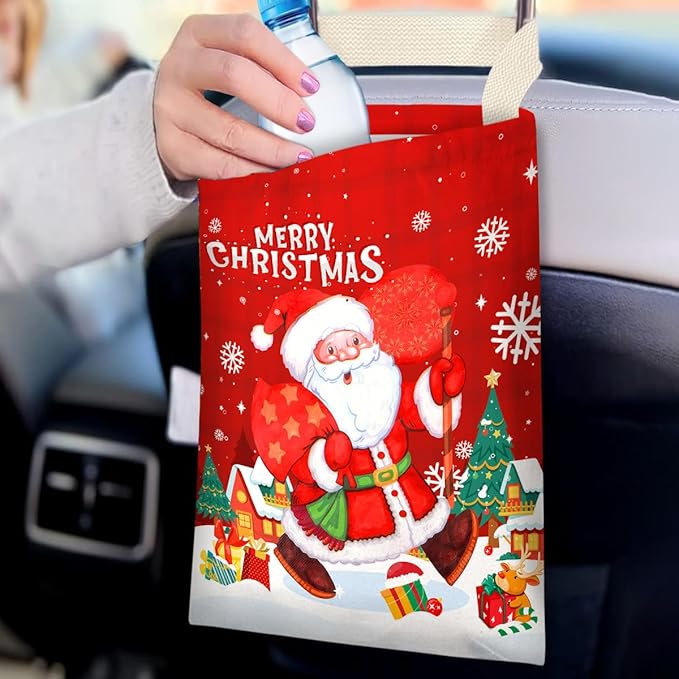 IRADA Car Trash Bag Hanging No Snap Small Garbage Bag for Car Back Seat Cute Printed One-Handed Strap Trash Bags Car Accessories-Xmas Decor Christmas Santa Claus Car Trash Bags