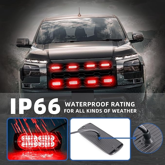 8pcs Sync Feature Emergency Strobe Grille Lights LED Ultra Slim Surface Mount Flashing Hazard Warning Light Bar with Controller for Firefighter/Construction/Trucks/Vehicles/Car (Red)