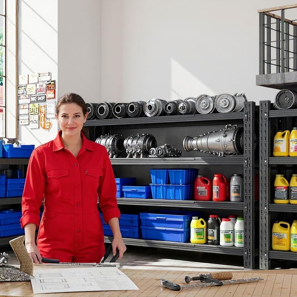 59" W Garage Shelving, Heavy Duty 4 Tier Metal Storage Shelves, Adjustable Industrial Shelving Unit for Garage, Warehouse, Workshop