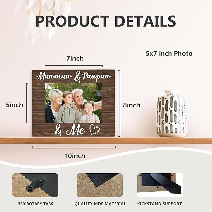 Mawmaw and Pawpaw Picture Frame 5x7, Grandparents Photo Frame, Christmas Birthday Gift for Grandparents from Grandkids, Mawmaw and Pawpaw and Me Wooden Picture Photo Frames for Home Room Decor
