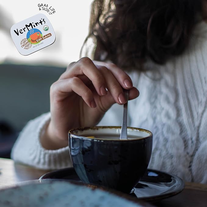 VerMints Organic Breath Mints Café Express - Real Ingredients, Lasting Coffee Flavor - Travel Size Tins - Non-GMO, Nut Free, Gluten Free, Vegan & Kosher Coffee Candy - .63oz/18g (Pack of 12)