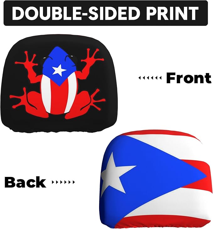 Puerto Rico Car Headrest Covers 2 Pack – Double-Sided Taíno Frog & Puerto Rican Flag Design – Universal Fit Stretch Seat Headrest Protector for Cars, SUVs & Trucks