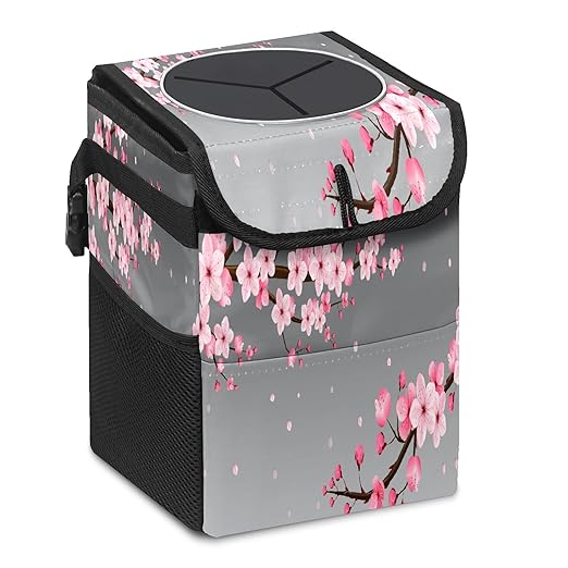 Car Trash Can Pink Cherry Blossom Wate-rproof Auto Garbage Bag Car Trash Can with Lid Leak-Proof Car Storage Bag Hanging for Headrest Collapsible and Portable with Storage Mesh Pocket