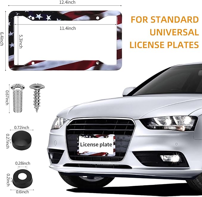 American Flag License Plate Frame Holder - 2 Pack Universal Aluminum Matte Stripe US Flag Gloss Patriotic Car Plate Frame Covers with Free Screws Fasteners Caps