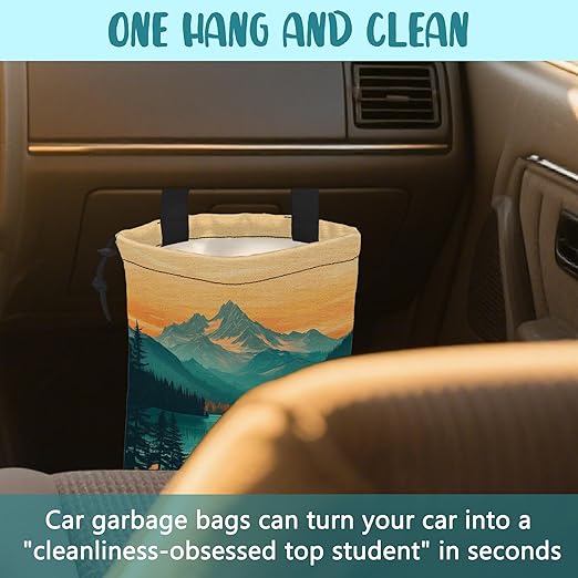 Car Garbage Bag Mountain and Forest at Sunset Hanging Canvas Car Trash Bag Waterproof Drawstring Car Back Seat Organizer for Car Back Front Seat Console with Adjustable Buckle