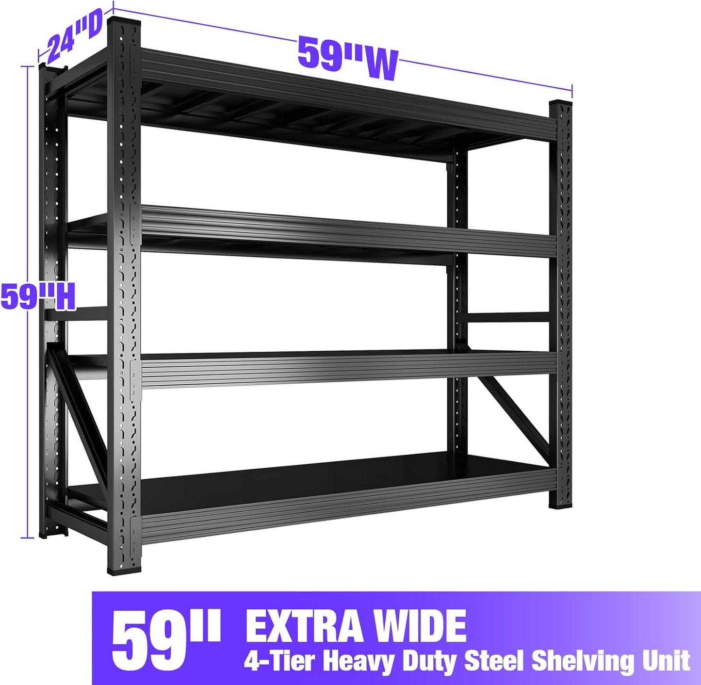 Metal Garage Shelving Heavy Duty, 4-Tier Adjustable Wire Storage Garage Shelves, 6000 LBS Loads Industrial Shelving Units for Garages, Warehouses, Kitchen, Black, 59" W x 24" D x 59" H,4 Pack